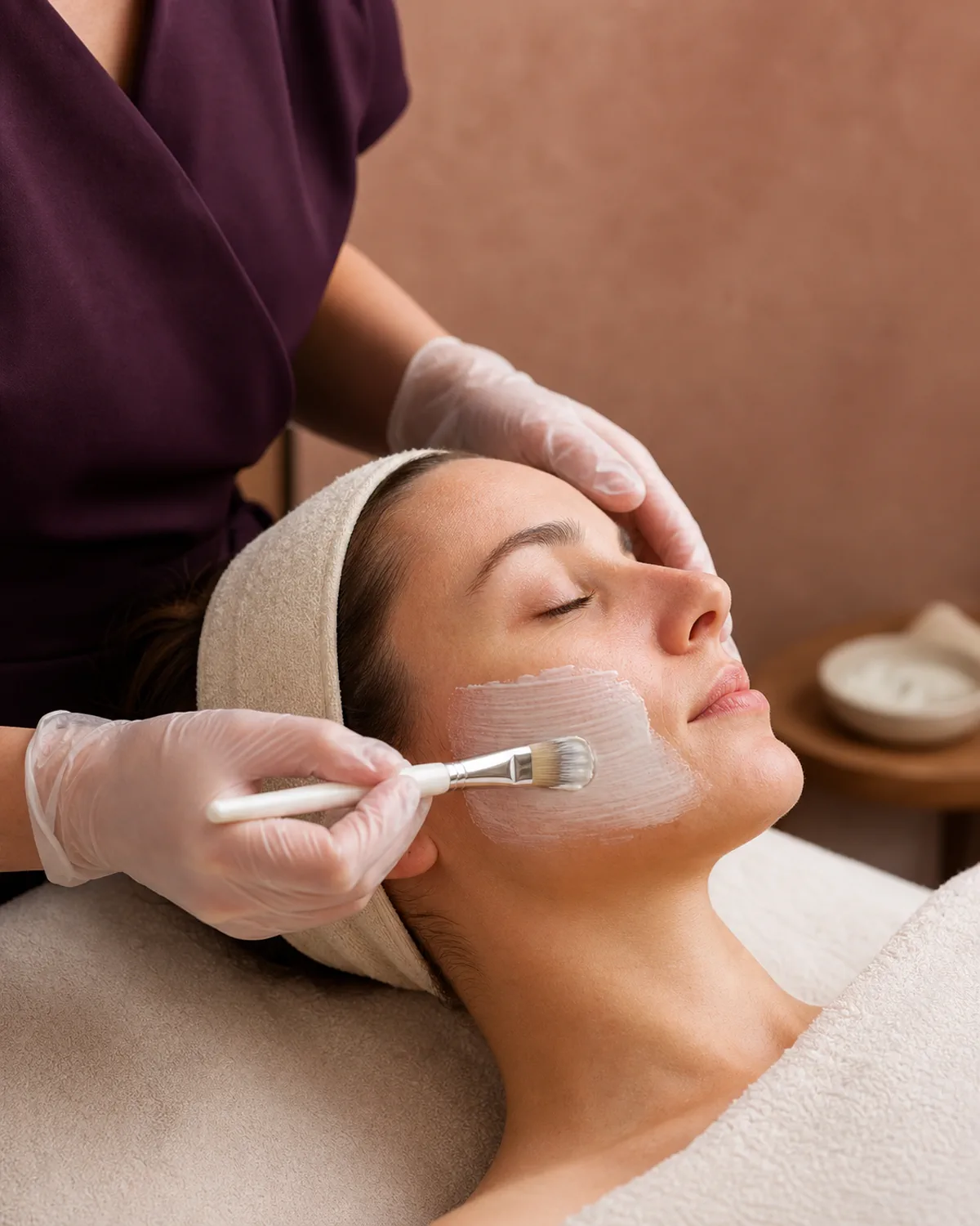 Practitioner applying a cream facial mask with a brush in a warm treatment room