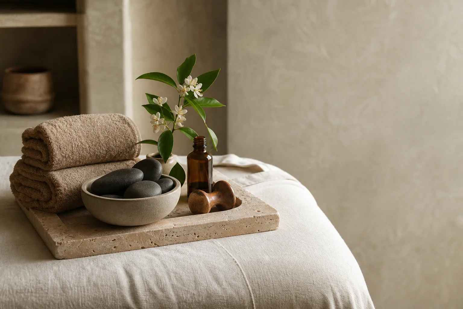 Spa ritual still life with folded towels, basalt stones, amber oil bottle, and neroli blossom